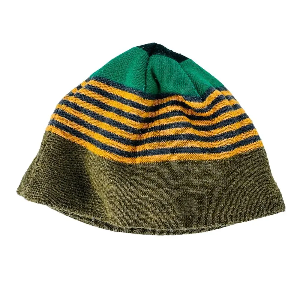Patagonia Toddler Beanie Hat Striped Pattern‎ Knit Logo Patch Green Yellow Boys